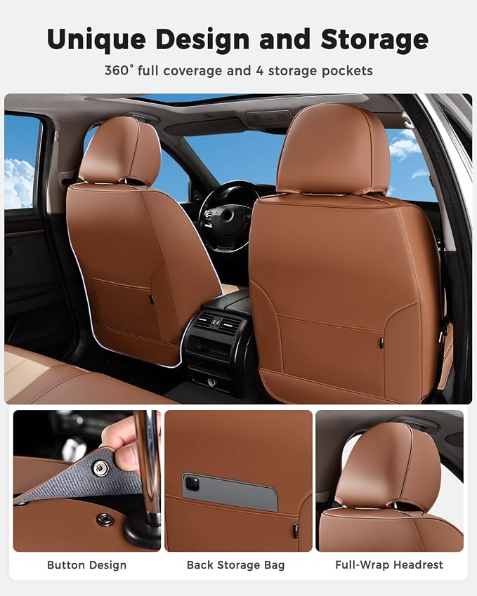 Huidasource Car Seat Covers, Universal Fit for Cars SUV Truck, Brown&Beige | Full Coverage Leather Seat Cover, Airbag, Cupholder Compatible, Seat Function Retain, Easy Install with Velcro