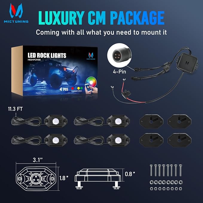 MICTUNING 2nd-Gen CM RGB Rock Lights - 4 Pods Waterproof Multicolor Neon Underglow Kit with Bluetooth App Control & Music Mode for Trucks Pickup UTV SUV ATV （2 Year Warranty）