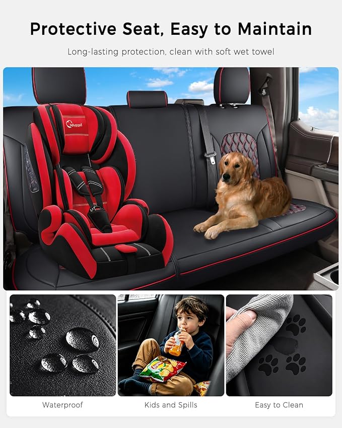 Huidasource Tacoma Back Row Seat Covers, Split Rear Bench Leather Seat Cover Fit for 3rd Gen Toyota Tacoma 2016-2023 Double & Crew Cab SR SR5 Limited TRD Sport/Pro/Off Road (Back Row/Black&Red)