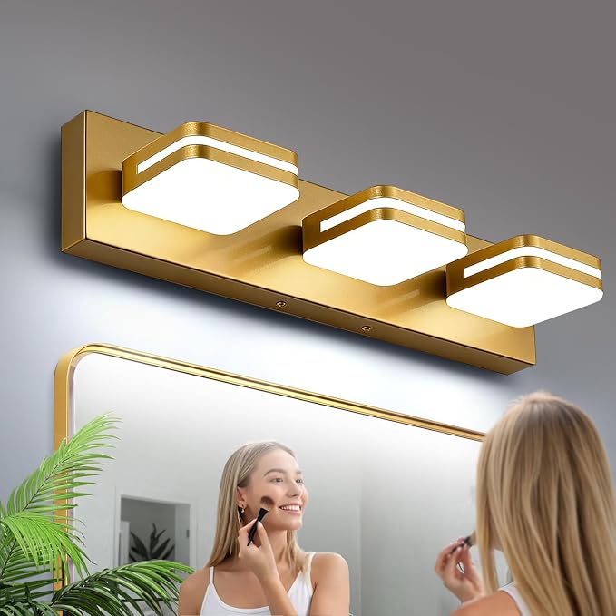 Torondo 360° Rotate LED Bathroom Vanity Light Fixtures, Acrylic Vanity Lights for Bathroom, Modern Wall Lighting Fixtures Over Mirror Living, Gold, Natural White, 3-Light, 17-Inch