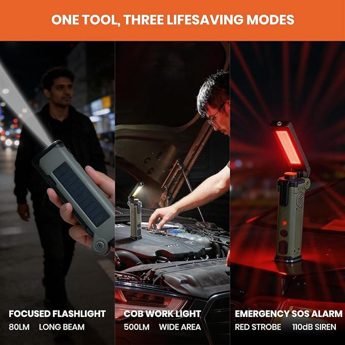 8-in-1 Car Emergency Escape Tool with Spring-Loaded Window Breaker | Seat Belt Cutter, Magnetic Work Light, Emergency Flashlight & Power Bank for Roadside Emergencies, Camping & Daily Driving