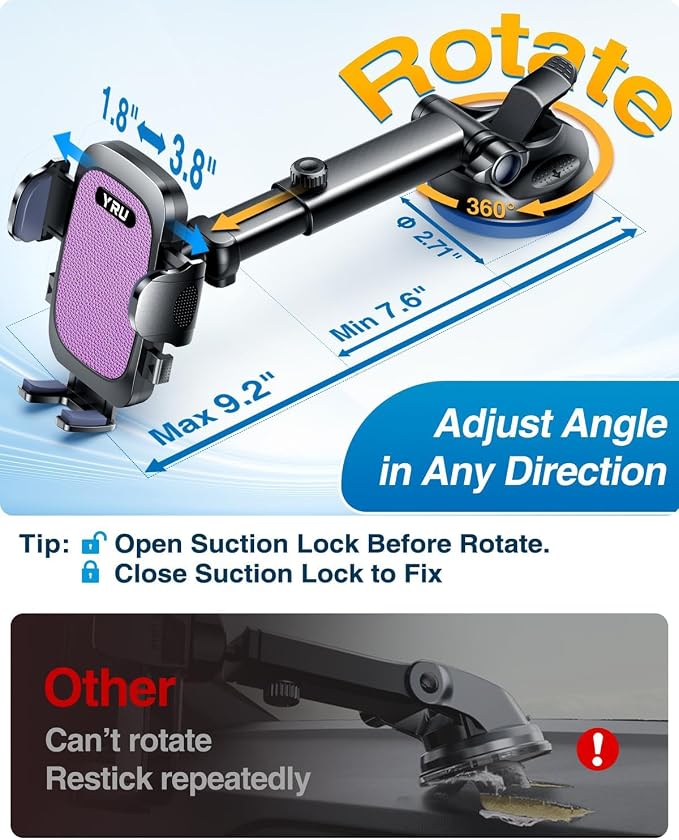 YRU True Military-Grade [360° Rotation Suction] 2026 Ultimate Car Phone Holder Mount【90+LBS Safest Strongest & Patent Certs】 Dash Windshield for iPhone 17 16 Pro Max Speakerphones, Purple