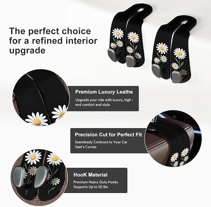 CoBak Purse Hook for Car - Universal Premium Stitched Leather and Aluminum-Magnesium Alloy Double Car Seat Back Storage Hook for Purses, Handbags, Bags (2 Pack),Daisy