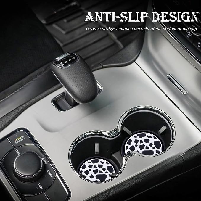 2-Pack Car Cup Coasters – 2.75 Inch Anti-Slip Drink Mats, Universal Auto Holder Insert for Women, Girls, Vehicle Interior Accessories (Cow Print)