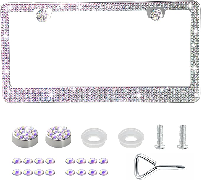 GaRhomxy Bling License Plate Frames for Women, 1 Pack Handcrafted Sparkly Rhinestone Car Accessories, Premium Stainless Steel Frame with 1000+ Faceted Glass Crystals & Free Glitter Caps (Colorful)