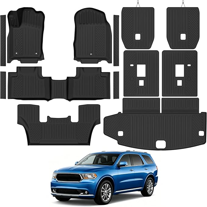 Custom Fit Floor Mats for 2011-2012 Dodge Durango 6 Seats/Captain Seat, All Weather TPE Floor Liners & Trunk Mat & 2nd/3rd Row Backrest Mat & Door Sill Guard, Full Set Interior Accessories