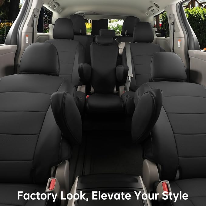 coverdream Sienna Leather Car Seat Covers Custom Fit for 2011-2020 Toyota Sienna SE,LE,XLE,SE Premium,XLE Premium,8-Seater,Full Coverage,Airbag Compatible Auto Seat Protector (Full Set,Black)