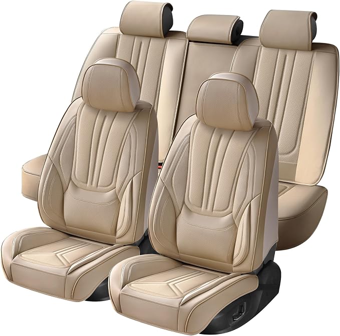 Car Seat Covers Full Set Beige, Premium Leather Car Seat Covers, Waterproof and Breathable Seat Covers, Universal Car Seat Protector Fit for Cars, Trucks, SUVs, Pick-ups