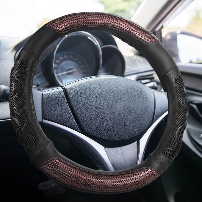 DaisyInner 17.5-18 Inch Steering Wheel Cover for Semi Truck No-Slip & Comfy Grip for Semi Trucks, Rv, Big Rig and 18 Wheelers(Mesh B,Leather,Burgundy)