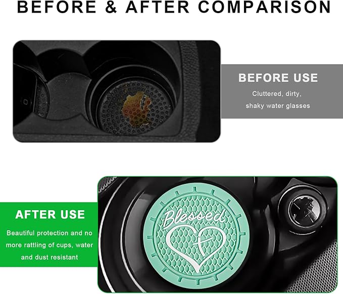 2 PCS Car Cup Holder Coaster, 2.76 Inch Soft PVC Non-Slip Blessed Cross and Heart Christian Car Cup Coasters, Auto Interior Shockproof Insert Drink Mat for Most Vehicles (Green)