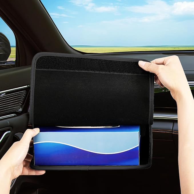 Car Tissue Holder, WHHMK Tissue Box Cover Keep Car Tidy,PU Leather Backseat Napkin Rectangle Organizer,Extra Large Tissue Box Storage in Auto Fits for 100-150 Regular Size Tissues,Black(2Packs)