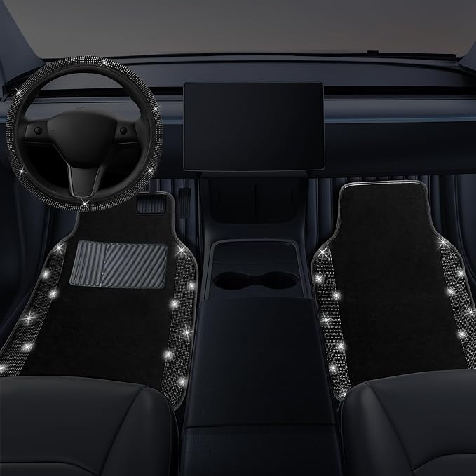 NBTEPEM Bling Car Floor Mats Full Set and Steering Wheel Cover, Universal Fit Most Cars, 4 pcs Sparkle Glitter Diamond Carpet, 5 pcs Bling Car Accessories Set for Women (Black Diamond)