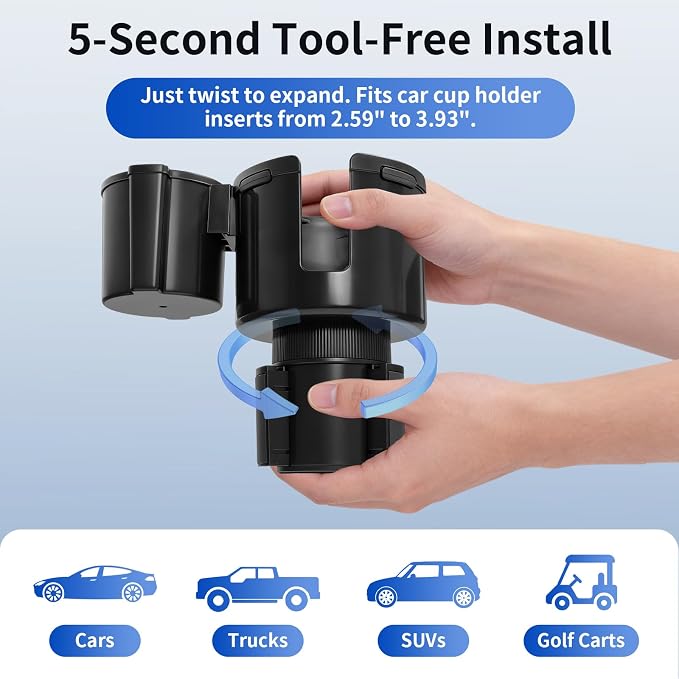 Car Cup Holder Expander W/Offset Adapter, 2-in-1 Cup Holder Extender for Large Bottles up to 4.3", Adjustable Base Fits Stanley, Hydro Flask, Yeti, Universal Car Cup Holder for Most Vehicles