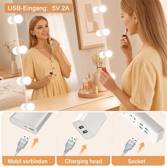Pretmess LED Vanity Lights for Mirror, Hollywood Style, 10 Dimmable Bulbs | 5 Adjustable Brightness & 3 Color Changing Modes,Wire Length Adjustable & Effortless Setup,USB Cable Design