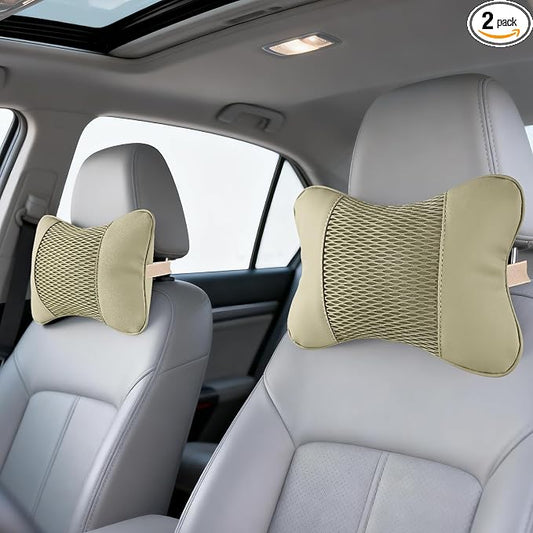 2 Pack Car Neck Pillow Soft Breathable Headrest Pillows for Driving Support, Universal Fit for Most Car Seats Decor Accessories（Off White）