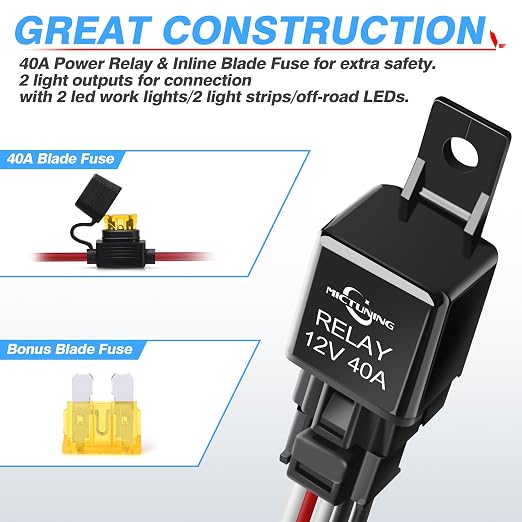 MICTUNING LED Light Bar Wiring Harness Off Road Power 40A Relay Fuse ON-Off Switch (2 Lead)