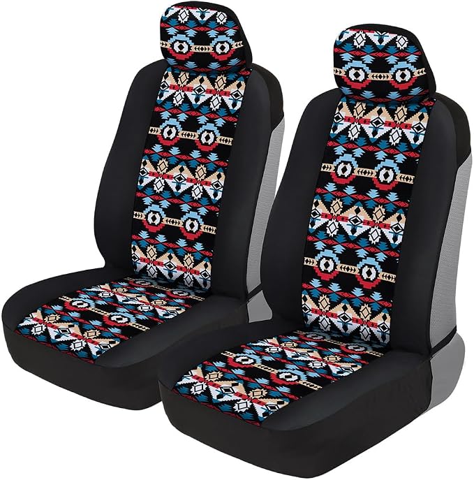 BDK Aztec Pattern Car Seat Covers for Front Seats, 2-Pack Geometric Print Front Seat Cover Set with Matching Headrest, Sideless Design for Easy Installation, Universal Fits Most Cars Trucks Vans SUVs