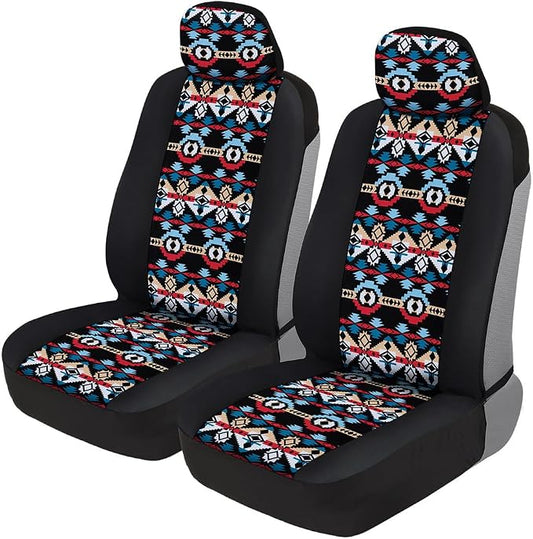 BDK Aztec Pattern Car Seat Covers for Front Seats, 2-Pack Geometric Print Front Seat Cover Set with Matching Headrest, Sideless Design for Easy Installation, Universal Fits Most Cars Trucks Vans SUVs
