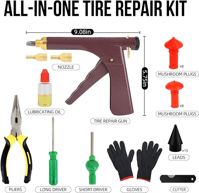 Tire Gun Plug Repair Kit Tire Gun Repair Kit Tire Plug Kit Heavy Duty Professional Car Tire Repair Kit with Plugs Tire Patch Kit Tire Puncture Repair Kit Tire Plug Repair Kit (Brown)