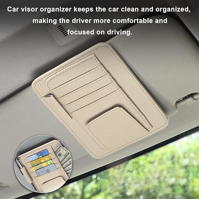Dickno 2PCS Small Leather Car Sun Visor Organizer, Multifunctional Auto Visor Document Holder with Sunglasses Clip, Universal Car Interior Organizer for Drving License, Card, Pen (Beige)