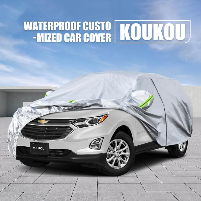 Koukou 6 Layers Car Cover Custom Fit Chevy Equinox Chevrolet from 2005 to 2025, Waterproof Car Cover All Weather for Automobiles Outdoor Indoor with Zipper Door, Sun Rain Dust Snow Protection.