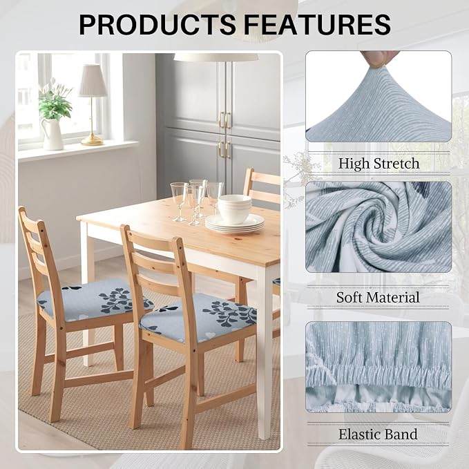 SearchI Water Repellent Seat Covers for Dining Chairs, 4 Pack Jacquard Stretch Dining Room Chair Seat Covers, Kitchen Chair Seat Covers Protectors(Grey Foliage)