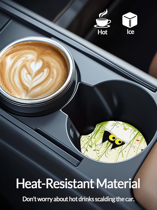 WOCOCN Cute Cup Holder Coasters for Your Car with Fingertip Grip, Auto Accessories for Women & Men,Pack of 2(Grass Cat)