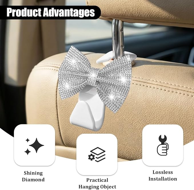 2PCS Bling Bow Car Seat Headrest Hooks, Crystal Rhinestone Vehicle Rear Seat Hanging Storage Hooks for Purses Bags Coats, Auto Headrest Storage Organizer, Universal Fit (White)