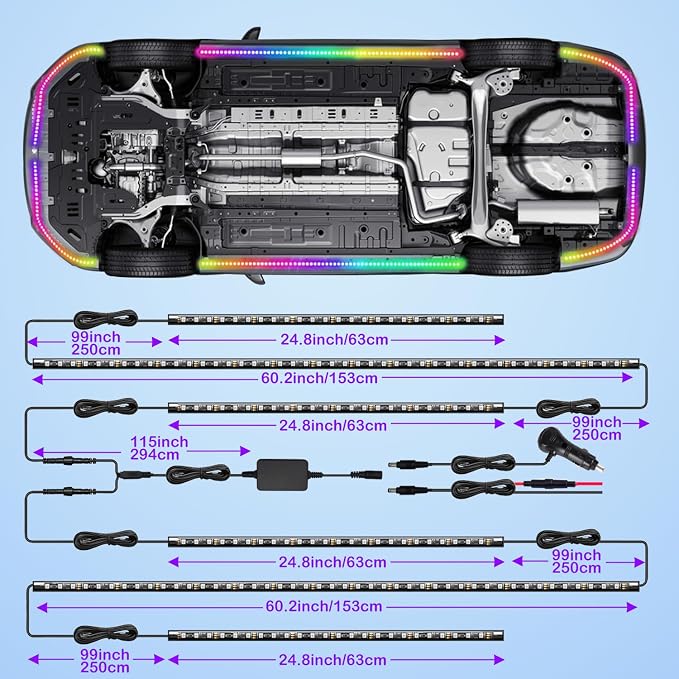 ‌Glowlendra RGB-IC Smart Underglow Lights Kit for Cars, 6Pcs Waterproof LED Strip Lights with APP Remote Control, 16 Million Colors Music Sync DIY Modes for SUVs Trucks