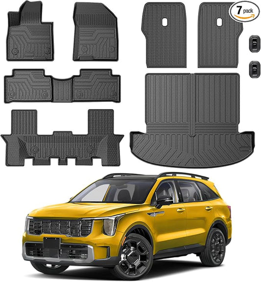KUST Floor Mats Set for Kia Sorento 2021-2025 2026 (6 Seater, Not for Hybrid), All Weather Rear Trunk Cargo Liner with 2nd Row Back Seat Protector Full Set Car Mats Accessories TPE Rubber Raised Edge