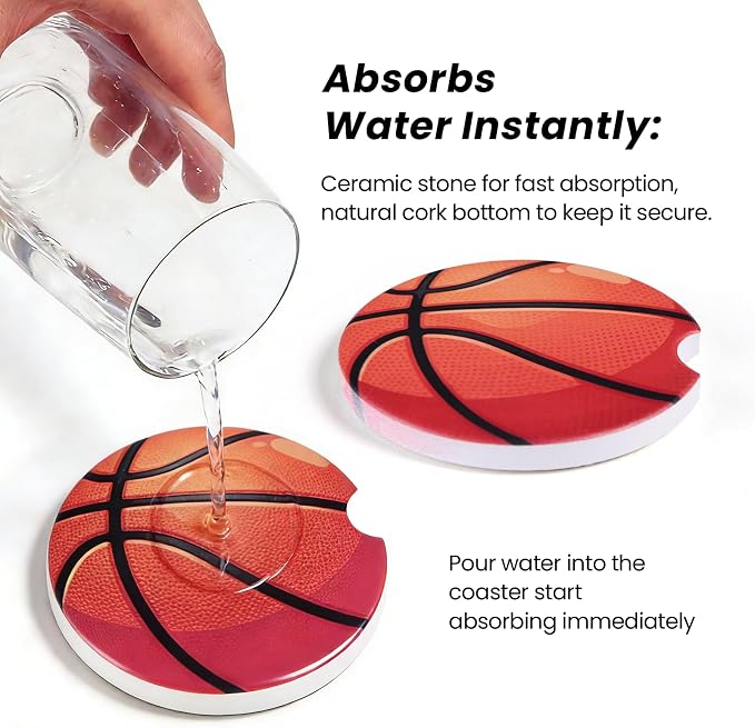 2 Pack Basketball Car Coasters for Men Women Car Cup Holder Coasters, 2.63 Inch Anti Slip Ceramic Absorbent Coaster with Cork Base and Finger Notch, Cute Fun Car Accessories Interior