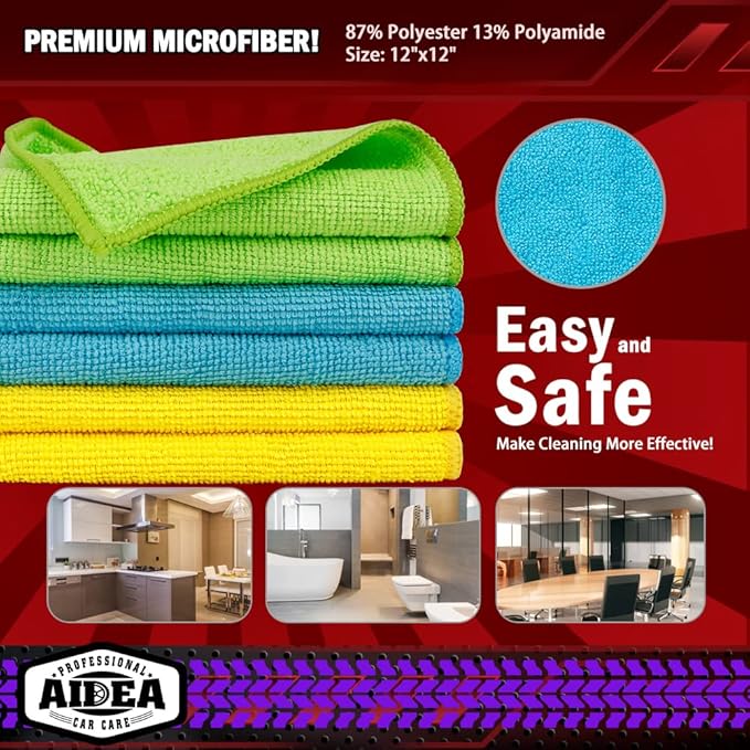 AIDEA Microfiber Cleaning Cloth-50PK, Microfiber Towels for Cars, 12×12" | Premium Wash Cloths, Dusting Cloth Cleaning Rags, Absorbent Towels for SUVs, House, Kitchen, Window, Cleaning Supplies