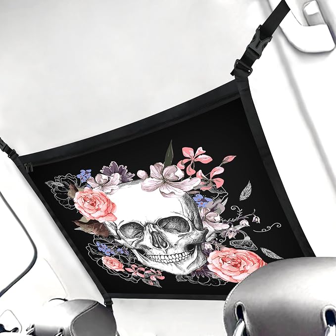Skull Car Ceiling Cargo Net Pocket Hanging Storage Bag with Zipper 31.5"x21.6" Double-Layer Mesh Car Roof Storage Organizer Long Road Trip Truck SUV Travel Camping