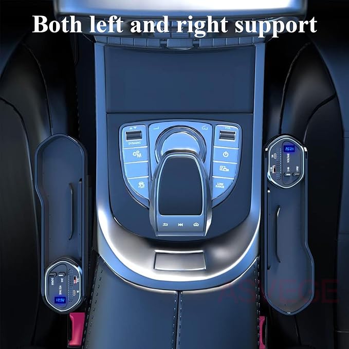 Car Seat Gap Filler Organizer with Wireless Charger,Cigarette Lighter | ASVEGE 5 In 1 Quick Charge Storage Box with 2 USB Ports & 2 60W Retractable Charging Cable,Cup Holder for Sedans Suv Truck