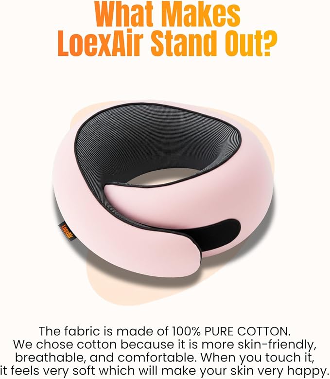 LOEXAIR™ Hooded Pro Travel Pillow - Memory Foam Neck Support Pillow for Airplane, Flight - Super-Soft Pure Cotton Fabric, Maximum Privacy & Light-Block Design, Lightweight Full Travel Kit- Sakura Pink