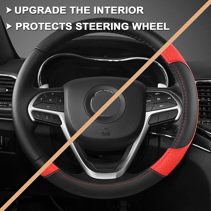 GIANT PANDA Steering Wheel Cover for Jeep Wrangler, Car Steering Wheel Cover for Jeep Grand Cherokee and Cherokee - Black+Red
