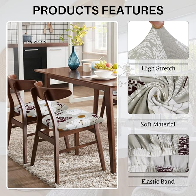 SearchI Water Repellent Seat Covers for Dining Chairs, 4 Pack Jacquard Stretch Dining Room Chair Seat Covers, Kitchen Chair Seat Covers Protectors(Brown Flower)