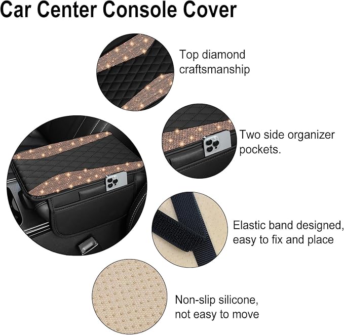 NBTEPEM Bling Car Center Console Cover, Leather Middle Console Cover with 2 Storage Bags, Universal Arm Rest Cover, Bling Car Accessories Interior Fit for Most Vehicles, Champagne Diamond