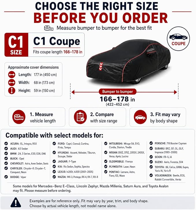 Coupe Car Cover Waterproof All Weather, 8-Point Fastening Fits Up to 177 in | 8-Point Fastening, 120s Quick Setup, 600D Oxford Fabric, All-Weather Protection