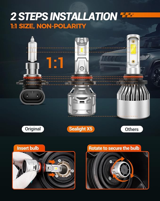SEALIGHT 9005 H11 60000LM Bulbs, 6500K Cool White 9005 H11 Fog Lights with 15000RPM Cooling Fan, 60,000-hour Ultra-long Lifespan, Plug-N-Play, Pack of 4