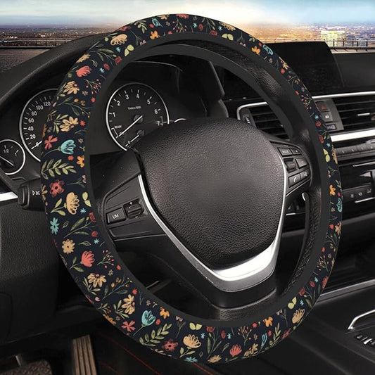 Watercolor Cute Floral Elastic Steering Wheel Cover Non-Slip Breathable Steering Wheel Protector Fit Auto, SUVs, Truck