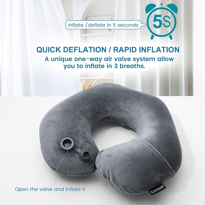 Keemall Inflatable Travel Neck Pillow, Super Soft Plane Neck Support Pillow for Travel Ariplane Sleep Support, Adjustable Neck Cushion Headrest Pillow, Folds Up Nicely, Black Grey