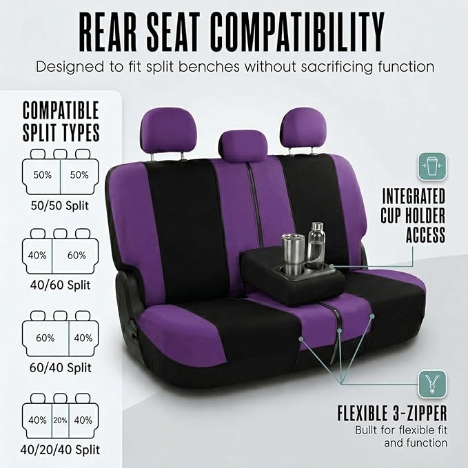 FH Group Full Set Car Seat Covers Cloth, Universal Fit combo, Set with Steering Wheel Cover and Seat Belt Pad fits Most Cars, SUVs, Trucks Purple