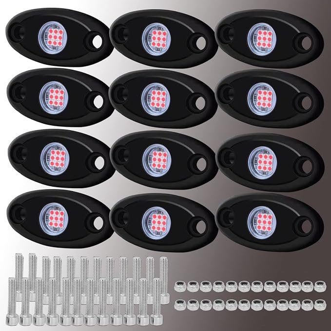 12 Pods Red LED Rock Lights Neon Underglow Light for Car Truck ATV SUV | Under Body Glow Light Trail Fender Lighting