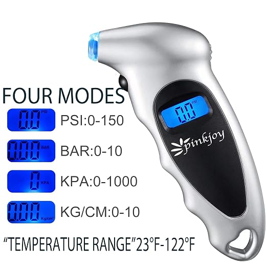 PINKJOY Digital Tire Pressure Gauge 4 Pack 150 PSI, 4 Settings, Tire Gauge for Car, Truck, Motorcycle, Bicycle with Backlit LCD and Non-Slip Grip (Silver)