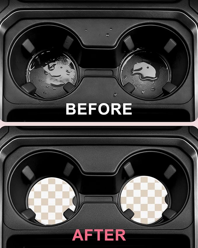 Swooflia Car Coasters for Women - White Checkered Ceramic Car Cupholder Coaster Absorbent Mat Coaster with Cork Base 2 Pack 2.55 inch Automotive Cup Holder Accessories New Driver Gifts for Decor