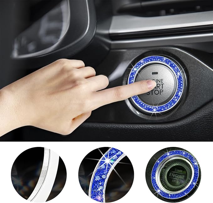 Kewucn 2 PCS Bling Crystal Double Rhinestone Car Engine Start Decoration Ring, Sparkling Push Start Button Sticker, Key Ignition & Knob Ring Decoration, Bling Car Interior Accessory(Dark Blue)