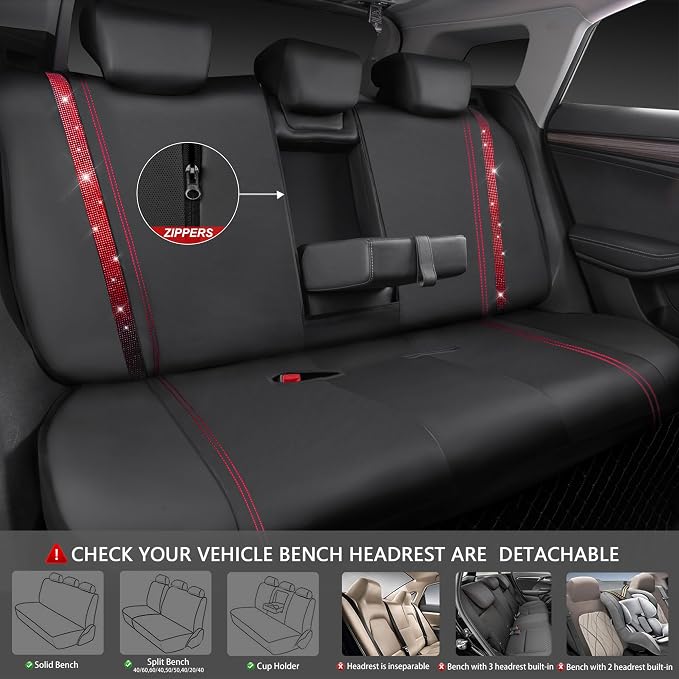 CAR Pass Bling Car Seat Covers Full Set, Shining Rhinestone Diamond Waterproof Faux Leather, Rear with Zipper, Universal Fit Automotive Glitter Crystal Sparkle Strips for Women Girl, Black Red