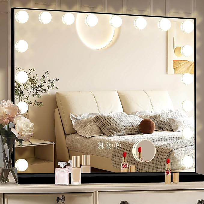 Ratsamee Black Hollywood Vanity Mirror with Lights, 18 Dimmable Bulbs, 3 Color Lights,Make Up Lighted Mirror, Aluminum Metal Frame, USB Charging Port（32" x 24"）