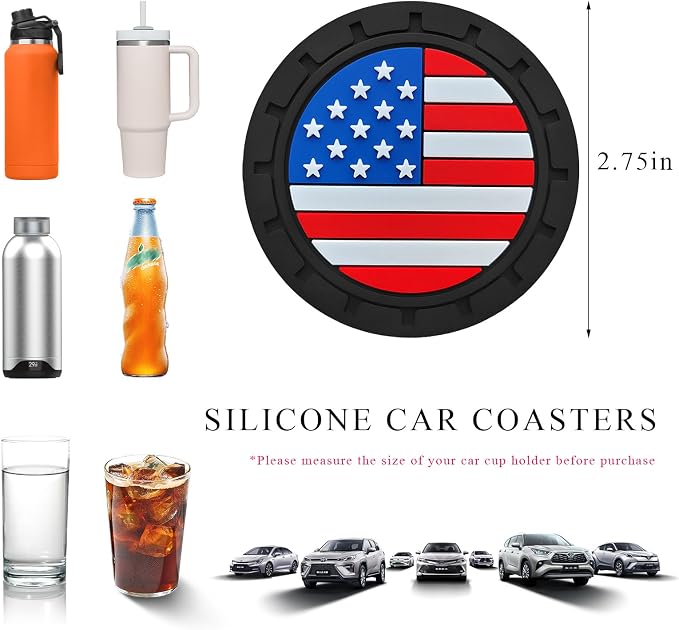 4 PCS Car Cup Holder Coasters, 2.75 Inch Universal Non-Slip American Flag Insert Coaster for Auto Cup Holders, Shockproof Car Drink Mat for Men Women, Vehicle Interior Decor (Colorful)